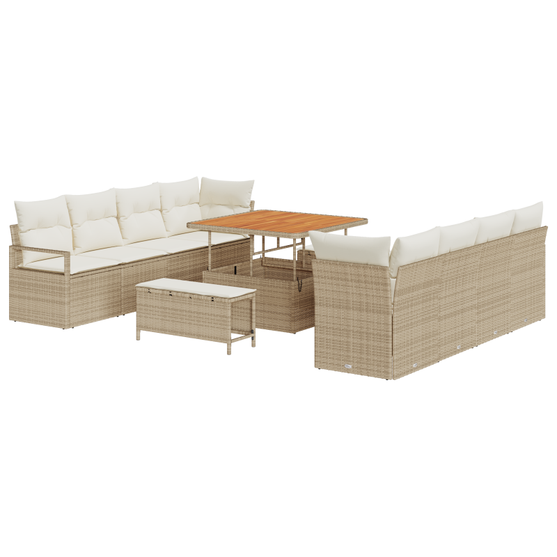 11-teiliges Garten-Sofa-Set mit Kissen Beige Poly Rattan Akazie