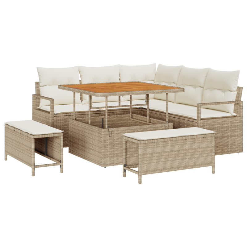 8-teiliges Garten Sofa Set mit Kissen Beige Poly Rattan Akazie
