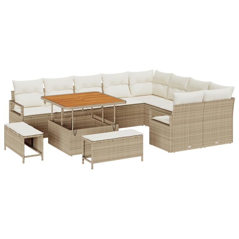 12-teiliges Garten Sofa Set mit Kissen Beige Poly Rattan Akazie