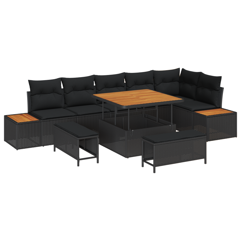 9-teiliges Garten-Sofa-Set mit Kissen Schwarz Poly-Rattan Akazie