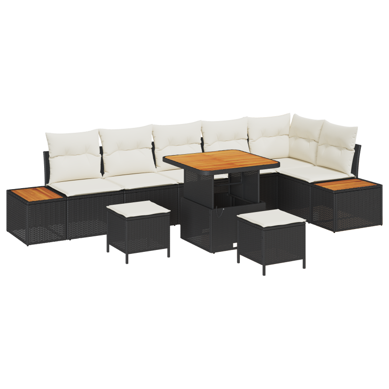 9-teiliges Garten Sofa Set mit Kissen Schwarz Poly Rattan Akazie