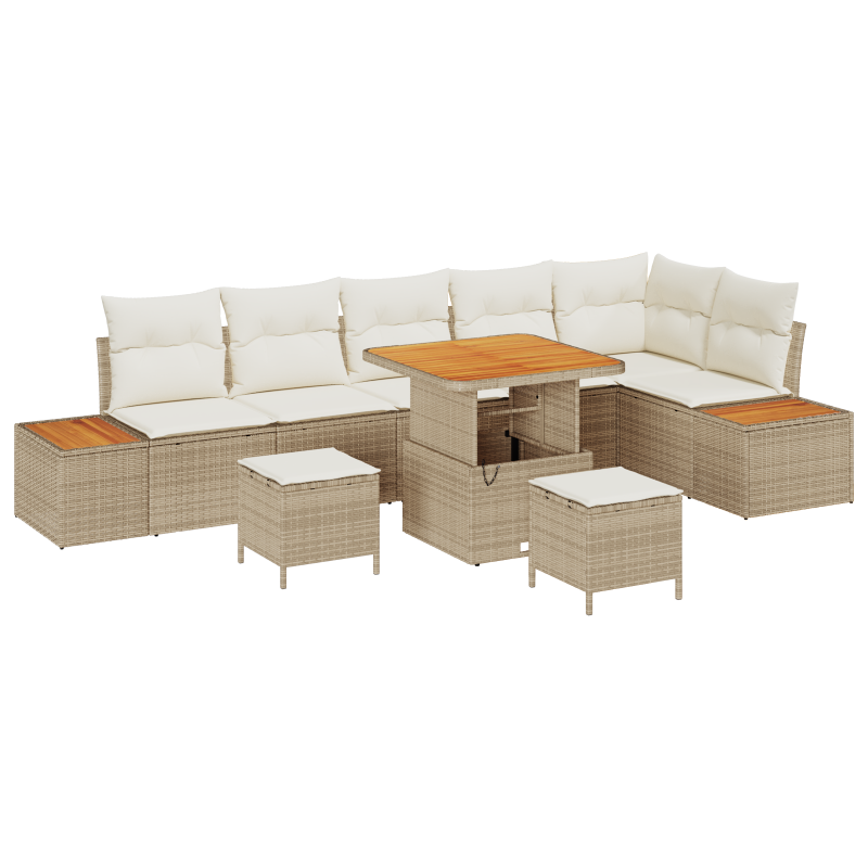 9-teiliges Garten Sofa Set mit Kissen Beige Poly Rattan Akazie
