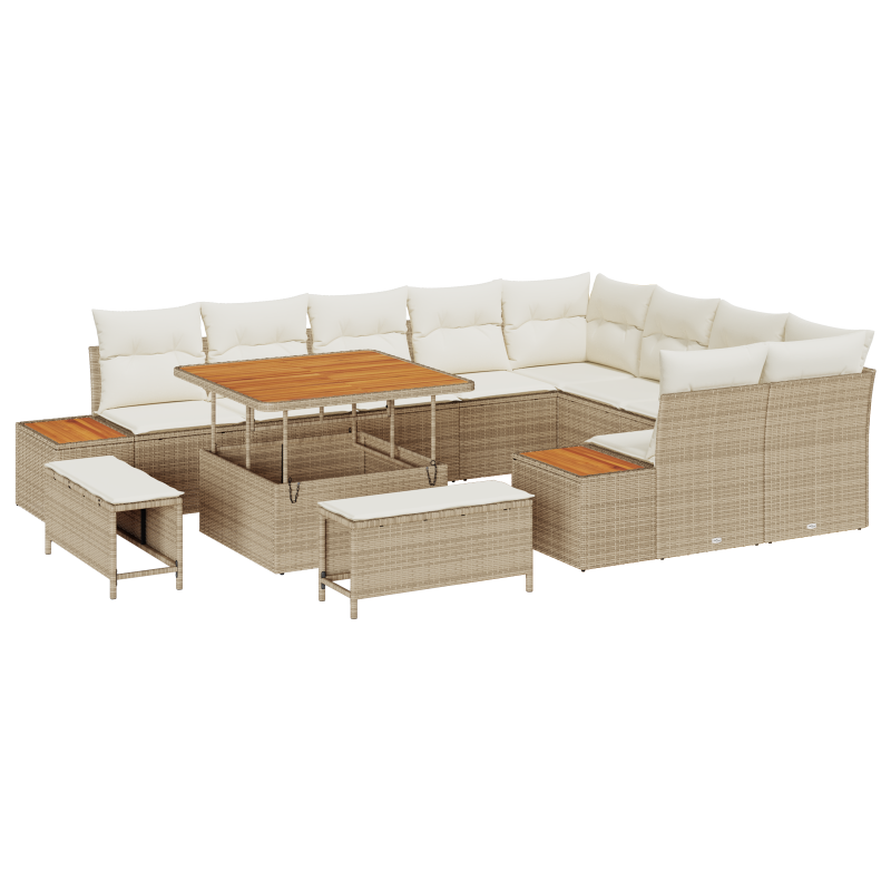 12-teiliges Garten-Sofa-Set mit Kissen Beige Poly-Rattan Akazie