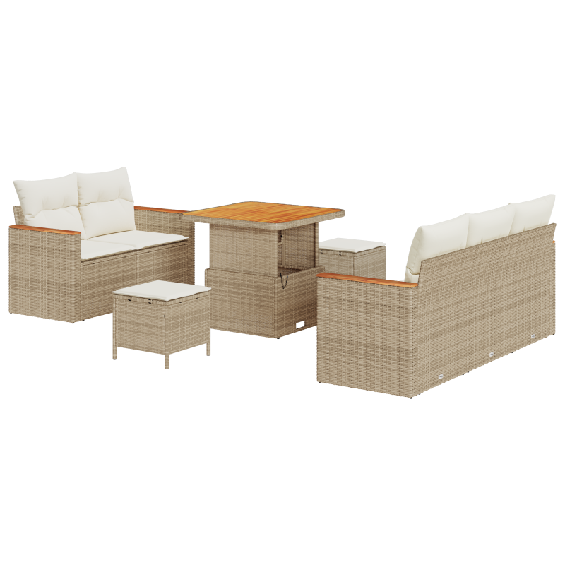 8-teiliges Garten Sofa Set mit Kissen Beige Poly Rattan Akazie