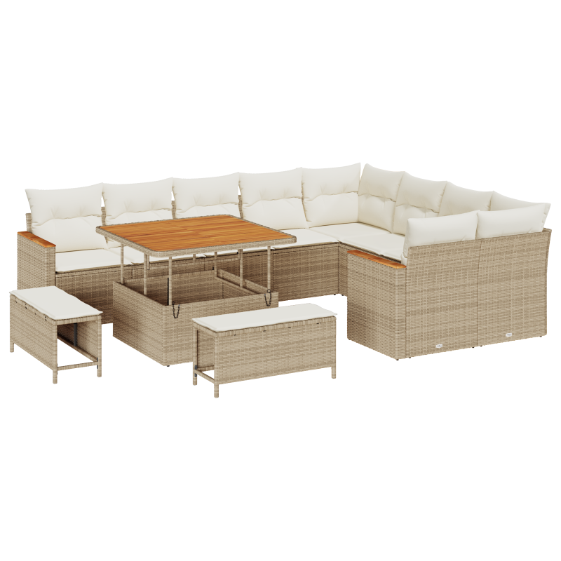 12-teiliges Garten-Sofa-Set mit Kissen Beige Poly Rattan Akazie