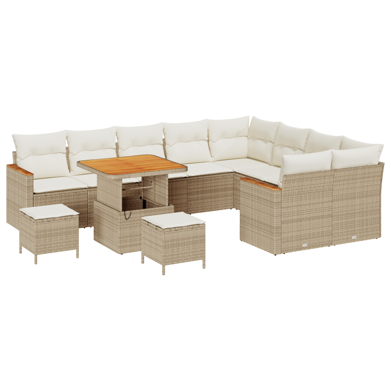12-teiliges Garten Sofa Set mit Kissen Beige Poly Rattan Akazie