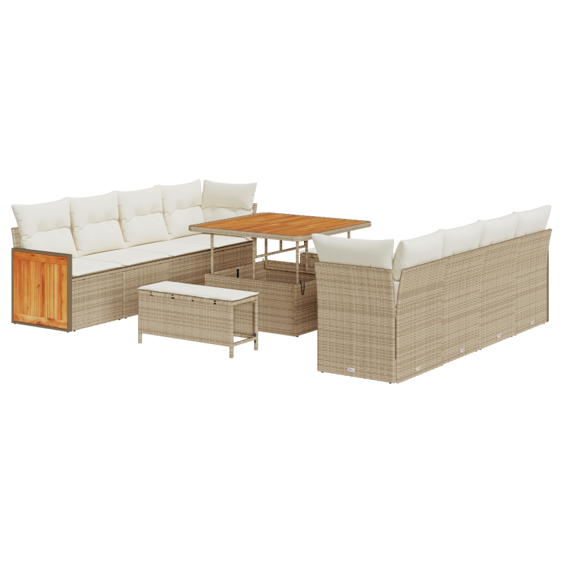 11-teilige Garten-Sofa-Set mit Kissen Beige Poly Rattan Akazie