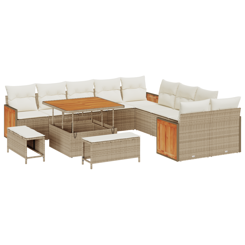 13-teiliges Garten Sofa Set mit Kissen Beige Poly Rattan Akazie