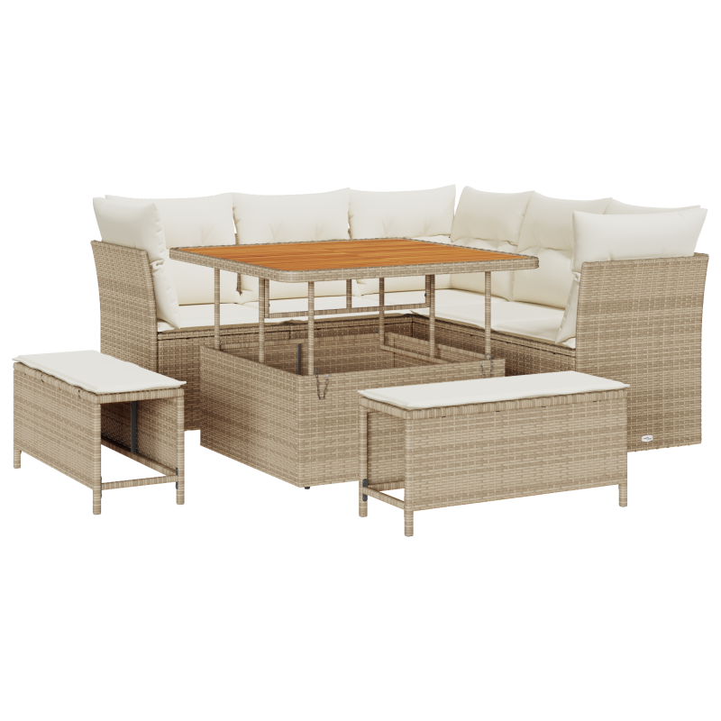 8-teiliges Garten Sofa Set mit Kissen Beige Poly Rattan Akazie
