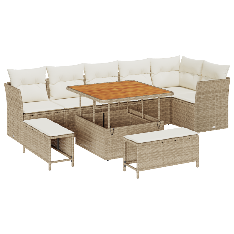 9-teiliges Garten Sofa Set mit Kissen Beige Poly Rattan Akazie