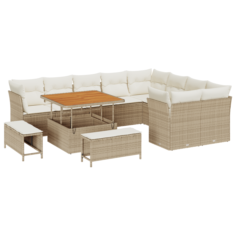 12-teiliges Garten-Sofa-Set mit Kissen Beige Poly Rattan Akazie