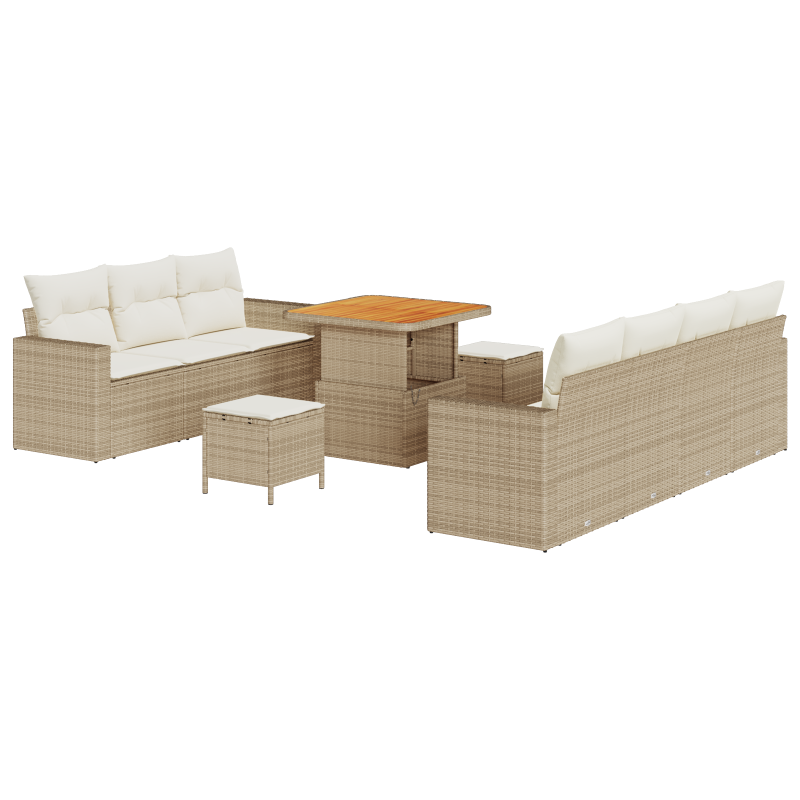 10-teiliges Garten Sofa Set mit Kissen Beige Poly Rattan Akazie