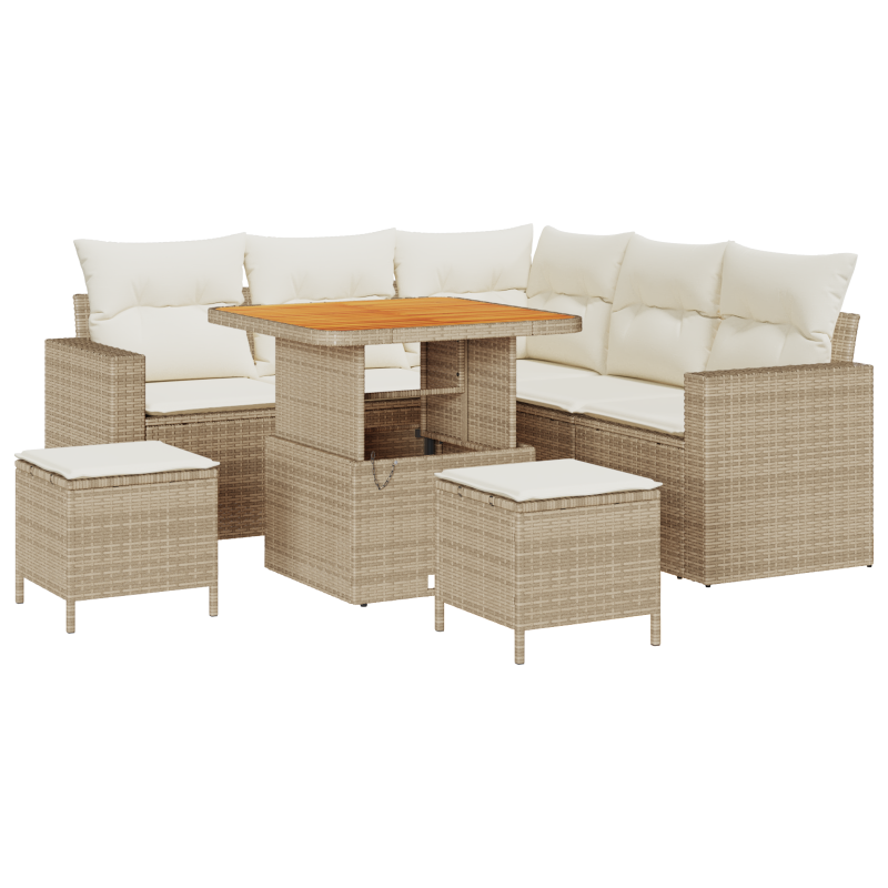 8-teiliges Garten Sofa Set mit Kissen Beige Poly Rattan Akazie