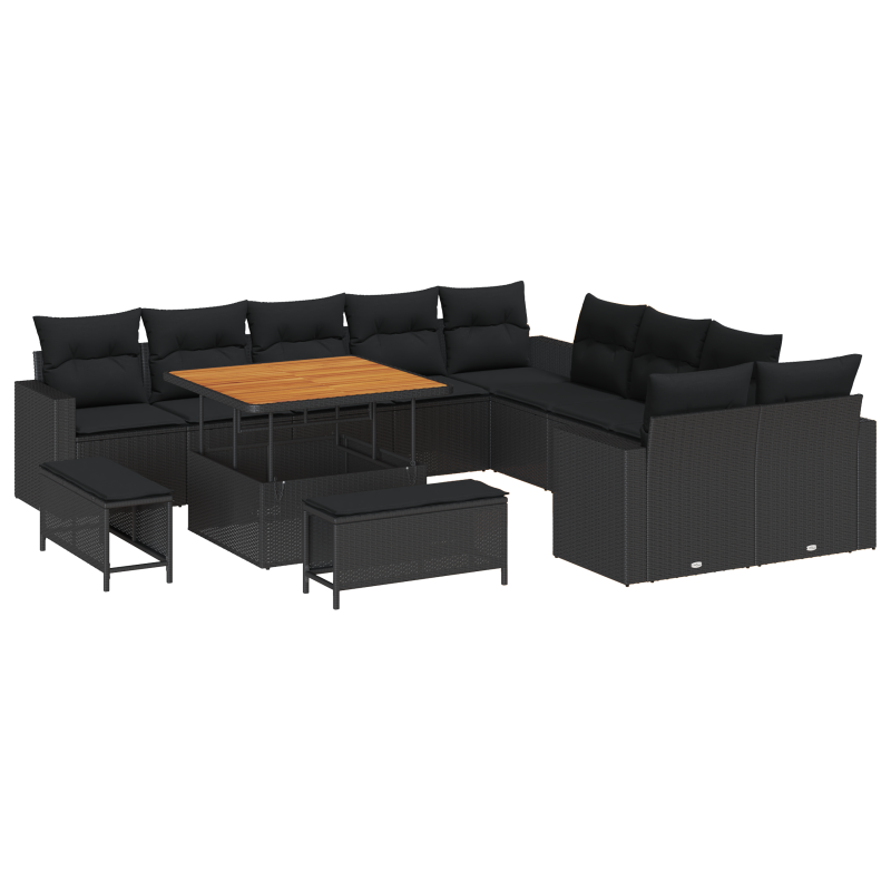 13-teiliges Garten-Sofa-Set mit Kissen Schwarz Poly Rattan Akazie