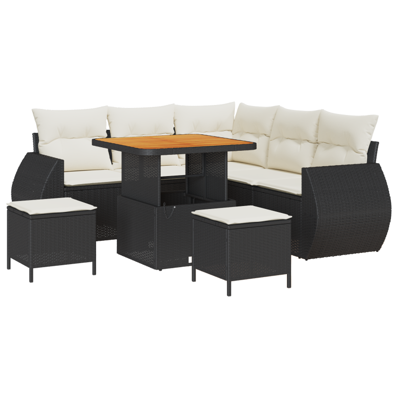 8-teiliges Garten Sofa Set mit Kissen Schwarz Poly Rattan Akazie