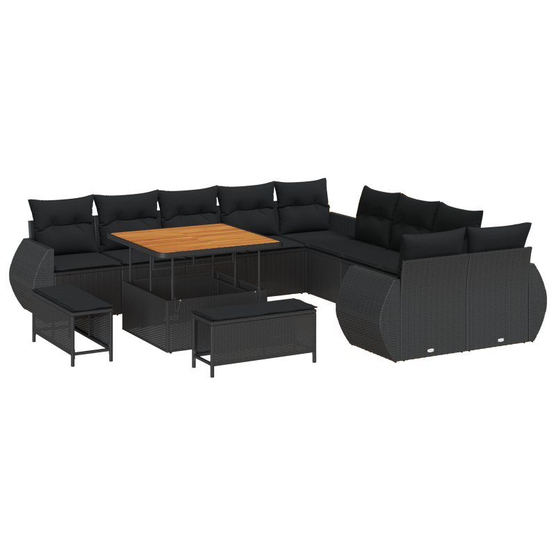 13-teiliges Garten Sofa Set mit Kissen Schwarz Poly Rattan Akazie