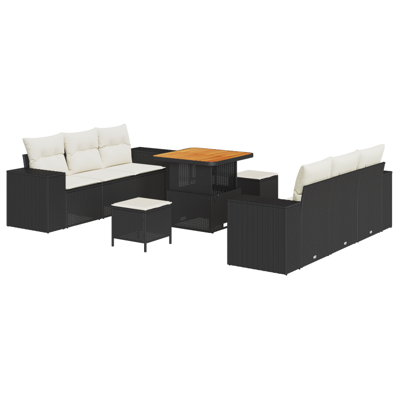 9-teiliges Garten-Sofa-Set mit Kissen in Schwarz, Poly Rattan, Akazie