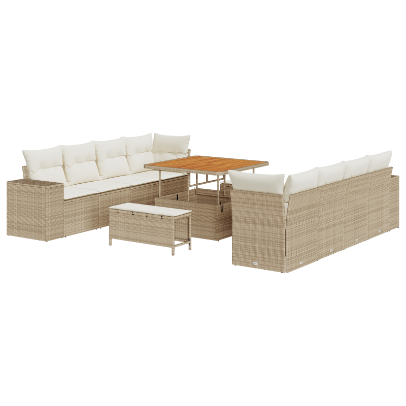 11-teiliges Garten Sofa Set mit Kissen Beige Poly Rattan Akazie