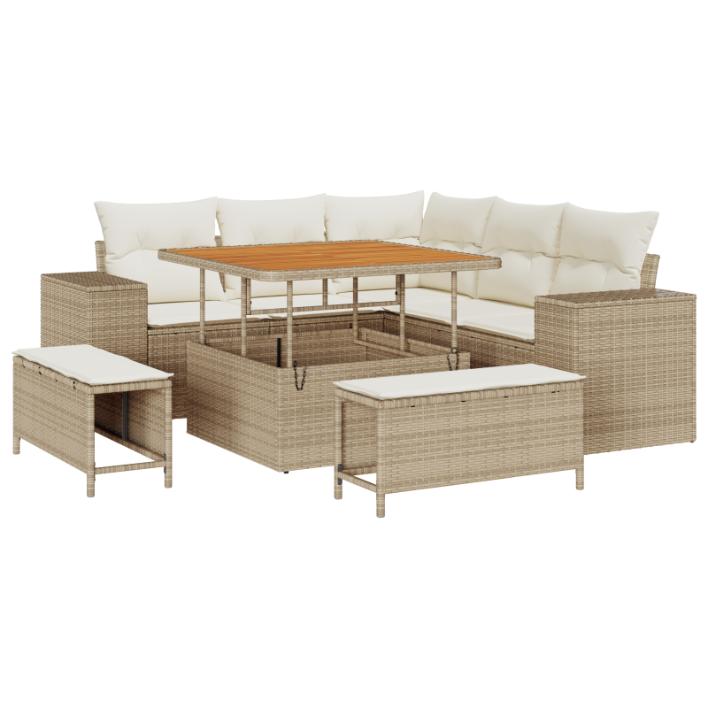8-teiliges Garten Sofa Set mit Kissen Beige Poly Rattan Akazie