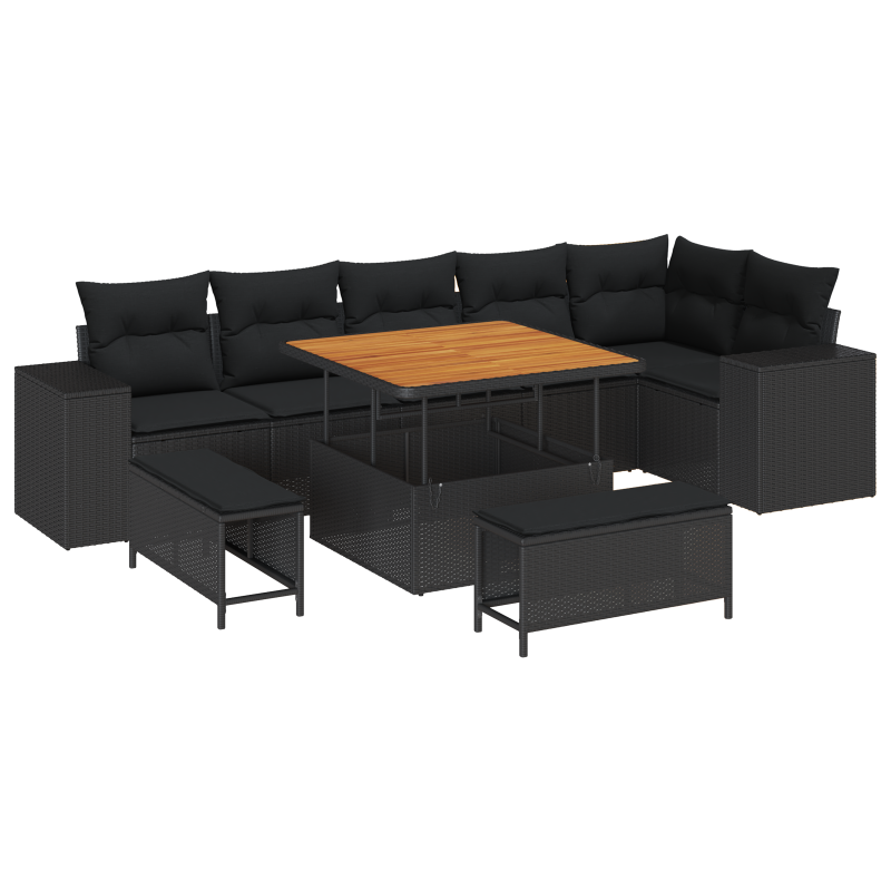9-teiliges Garten Sofaset mit Kissen Schwarz Poly-Rattan Akazie