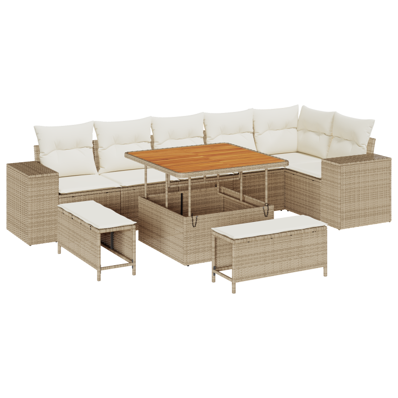 9-teiliges Garten-Sofa-Set mit Kissen in Beige, Poly-Rattan, Akazie