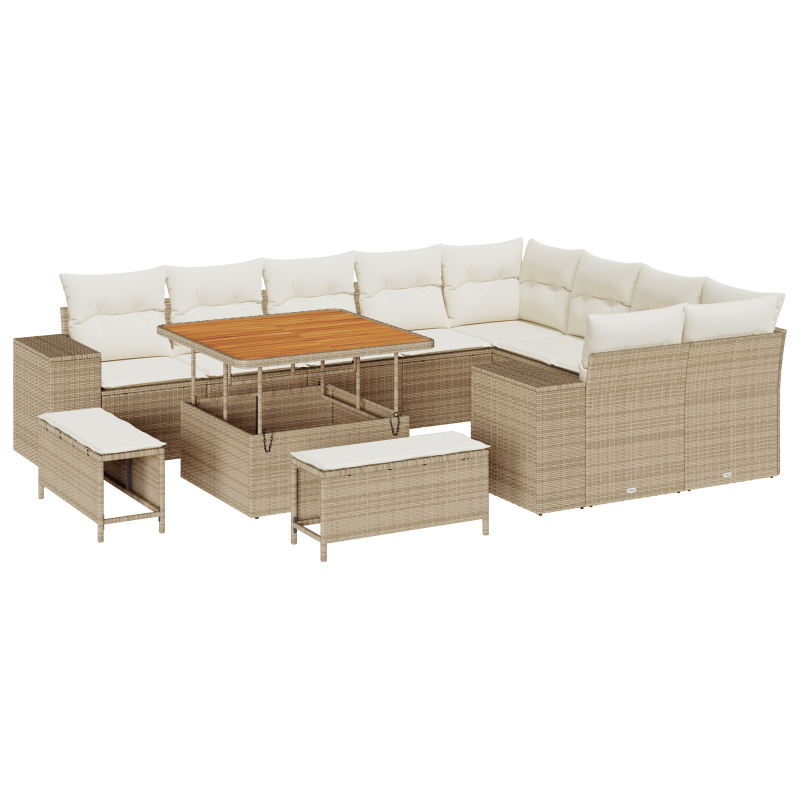 12-teiliges Garten Sofa Set mit Kissen Beige Poly Rattan Akazie