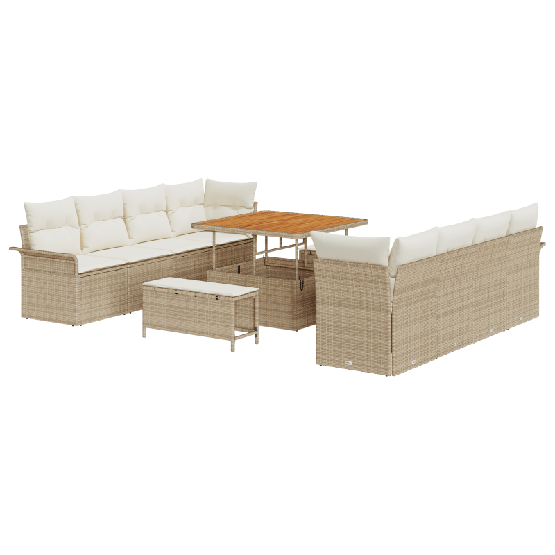 11-teiliges Garten-Sofa-Set mit Kissen Beige Poly Rattan Akazie