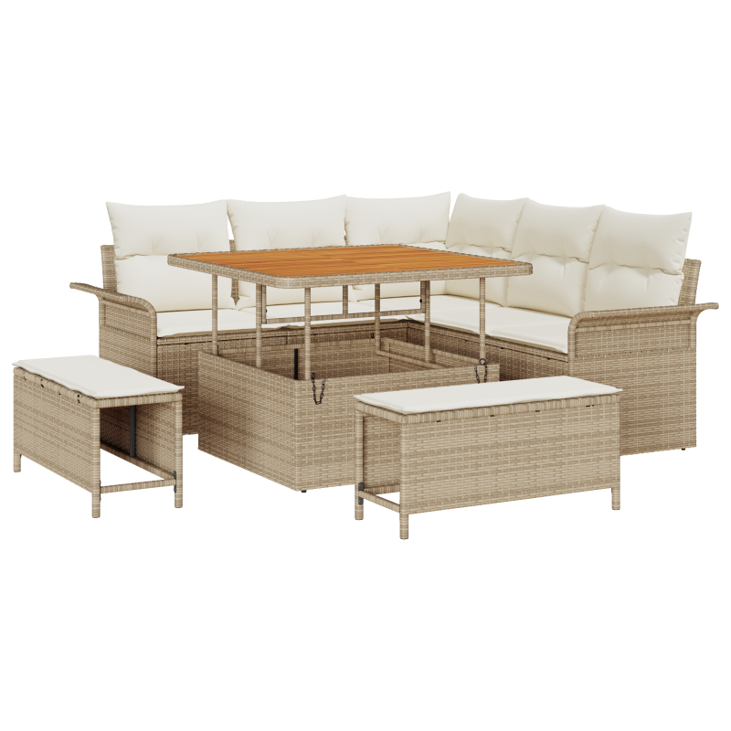 8-teiliges Garten Sofa Set mit Kissen Beige Poly Rattan Akazie
