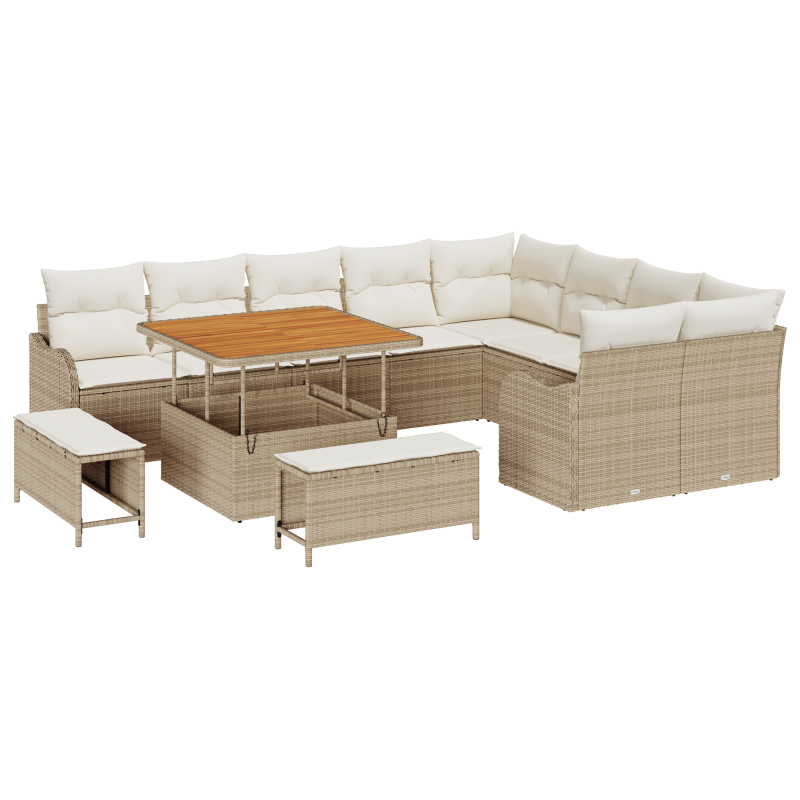 12-teiliges Garten-Sofa-Set mit Kissen Beige Poly Rattan Akazie