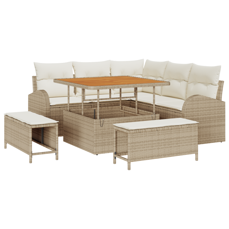 8 teilige Garten Sofa Set mit Kissen Beige Poly Rattan Akazie