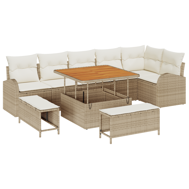 9-teiliges Garten-Sofa-Set mit Kissen Beiges Poly-Rattan Akazie