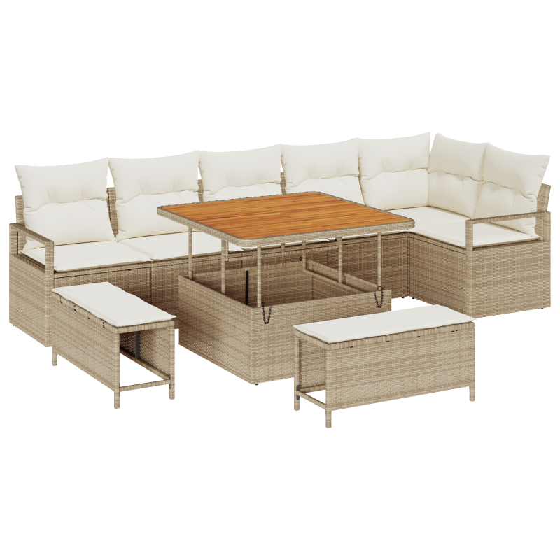 9-teiliges Garten Sofa Set mit Kissen Beige Poly Rattan Akazie