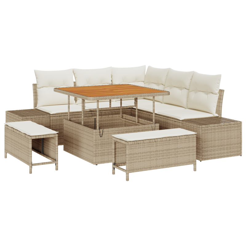 8-teiliges Garten Sofaset mit Kissen Beige Poly Rattan Akazie