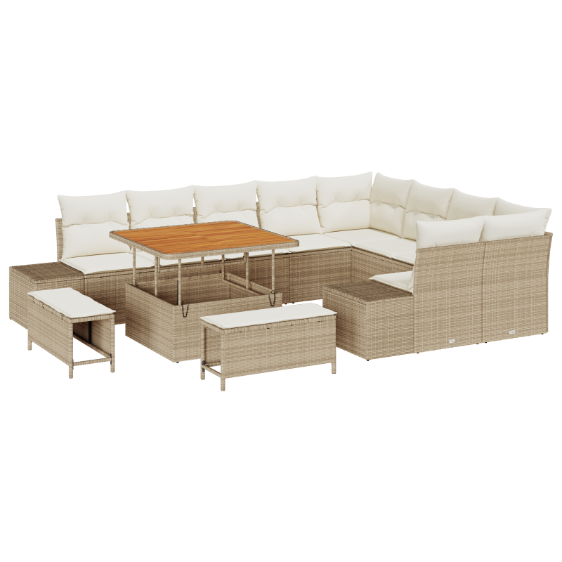 12-teiliges Garten Sofa Set mit Kissen Beige Poly Rattan Akazie