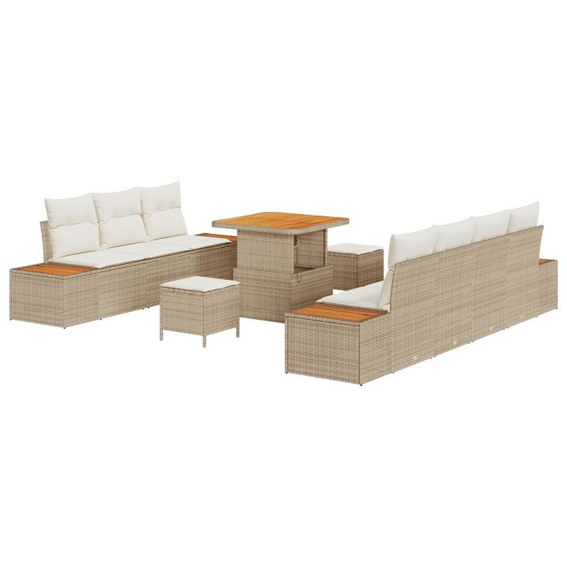 10-teiliges Garten Sofa Set mit Kissen Beige Poly Rattan Akazie