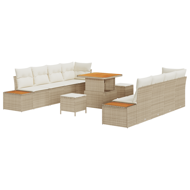 11-teiliges Garten Sofa Set mit Kissen Beige Poly Rattan Akazie