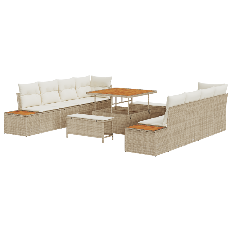 11-teiliges Garten Sofa Set mit Kissen Beige Poly Rattan Akazie