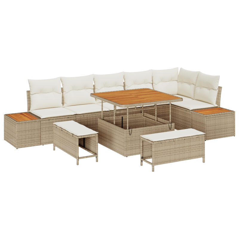 9-teiliges Garten-Sofa-Set mit Kissen Beige Poly Rattan Akazie