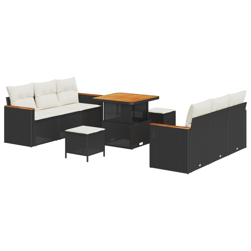 9-teiliges Garten Sofa Set mit Kissen in Schwarz aus Poly Rattan