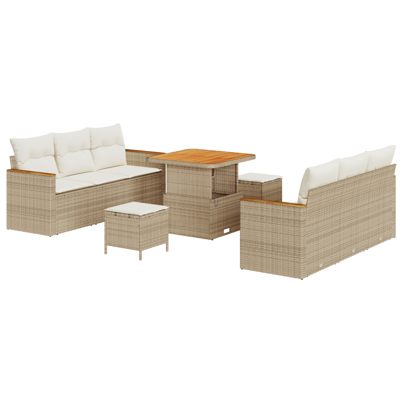 9-teiliges Garten Sofa Set mit Kissen Beige Poly Rattan Akazie