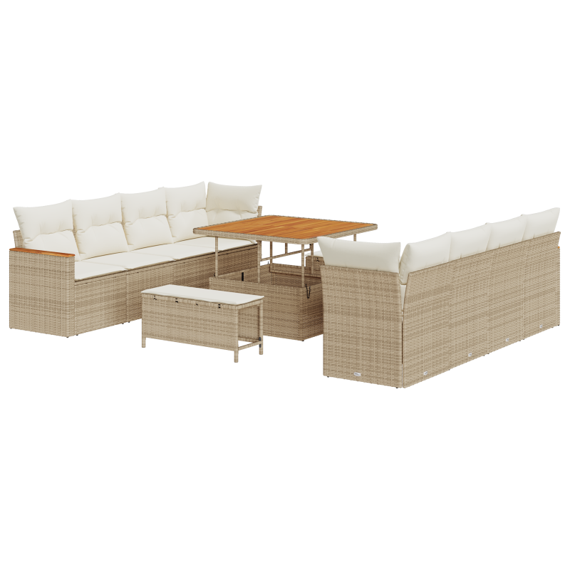 11-teiliges Garten Sofa Set mit Kissen Beiger Poly Rattan Akazie