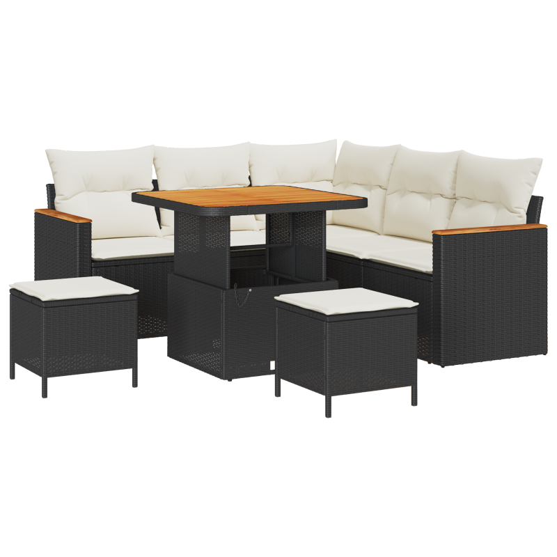 8-teiliges Garten Sofa Set mit Kissen Schwarz Poly Rattan Akazie