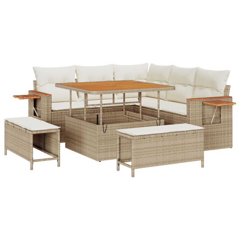 8-teiliges Garten Sofa Set mit Kissen Beige Poly Rattan Akazie