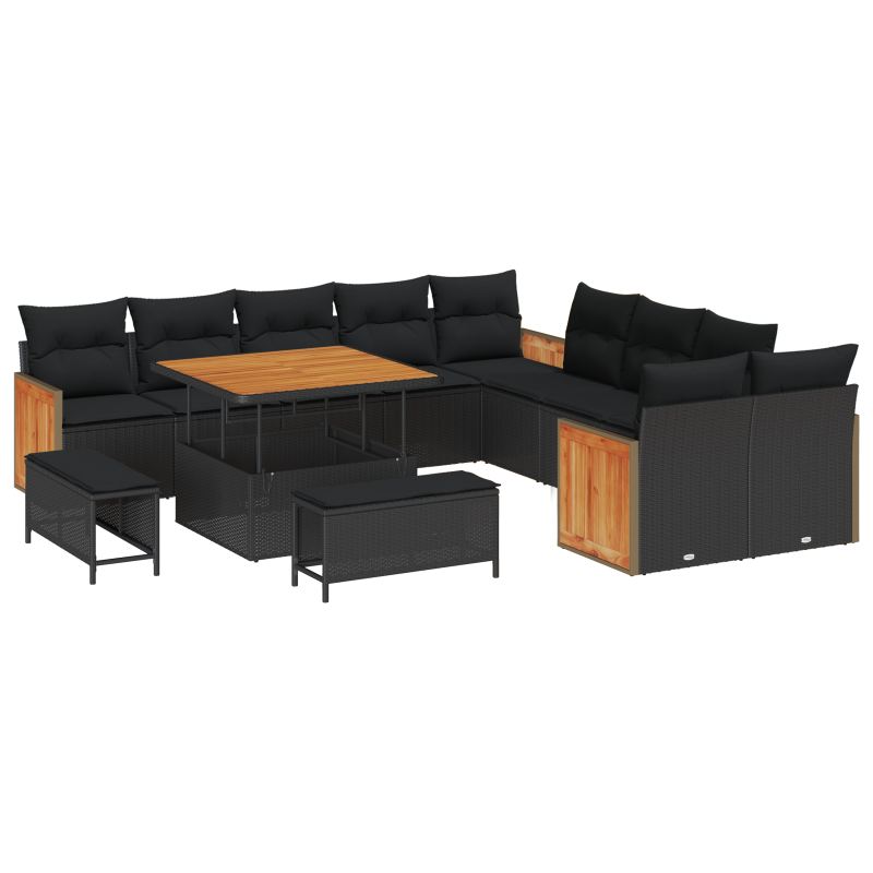13-teiliges Garten-Sofa-Set mit Kissen Schwarz Poly Rattan Akazie