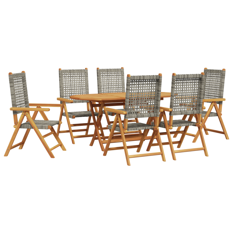 7-teiliges Garten-Esszimmer-Set in Grau aus massivem Akazienholz und Poly-Rattan