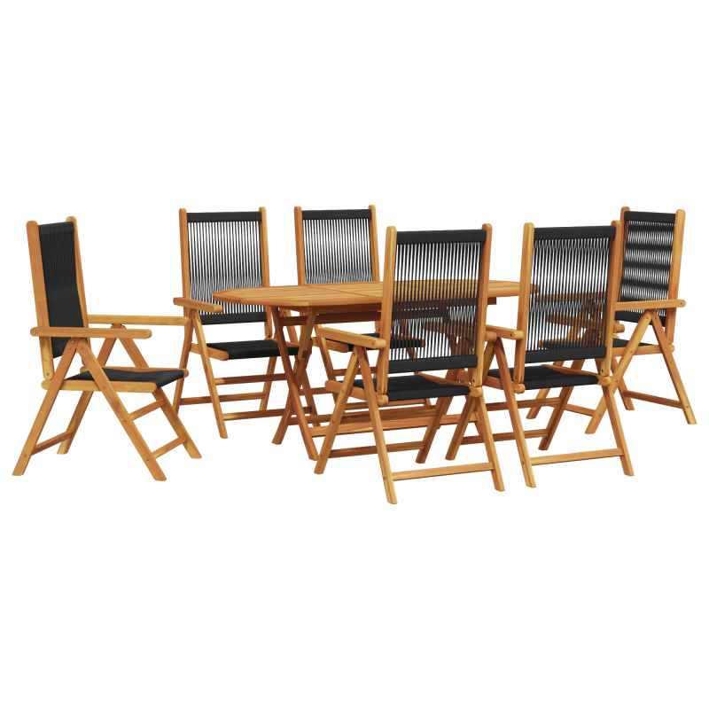 7-teiliges Essset für den Außenbereich - Schwarzes Akazienholz mit Poly-Rattan