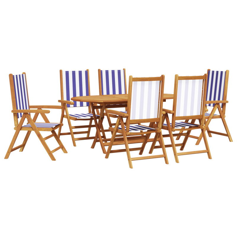 7-teiliges Garten Esstisch Set Blau und Weiß aus massivem Akazienholz