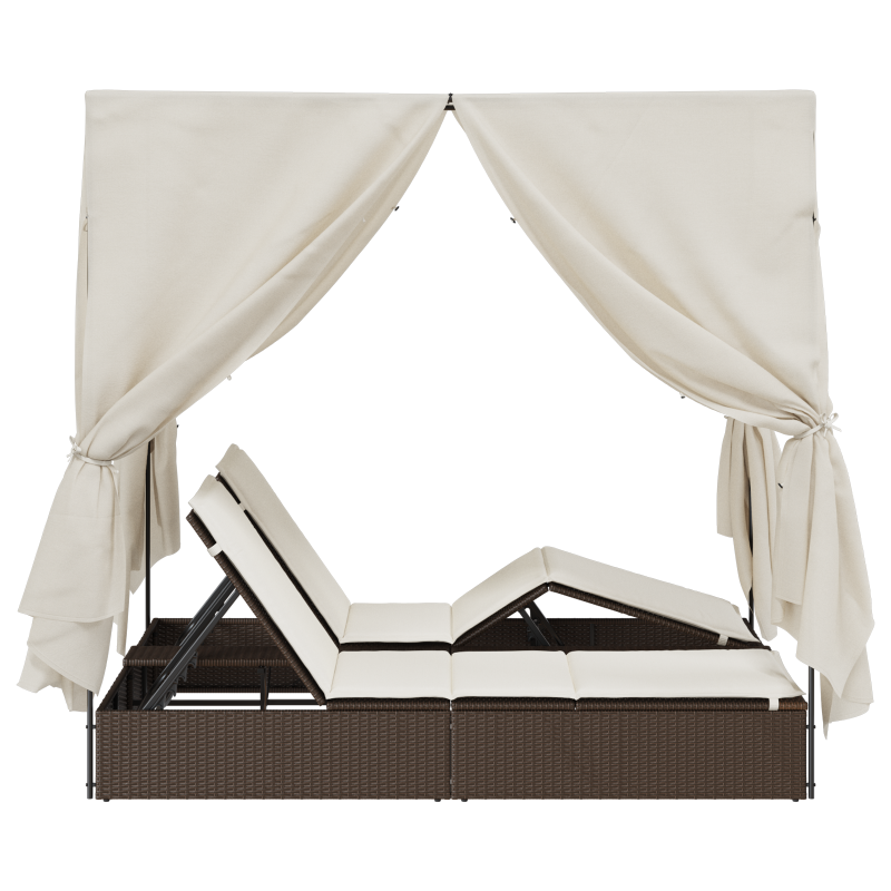 Doppelliege mit Dach und Vorhängen Braun Poly Rattan