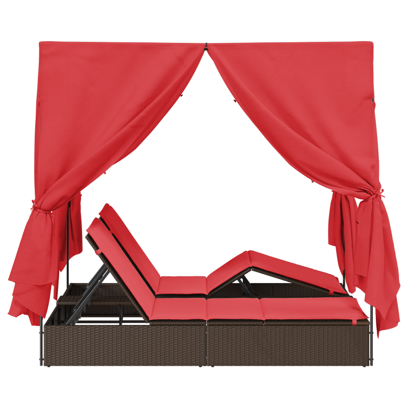 Doppelte Sonnenliege Set aus 2 Braun und Rot Rattan und Polyester