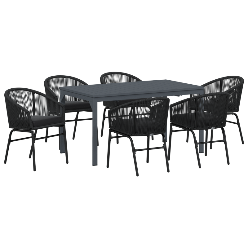 7-teiliges Garten Essgruppen Set mit Kissen Schwarz Poly Rattan